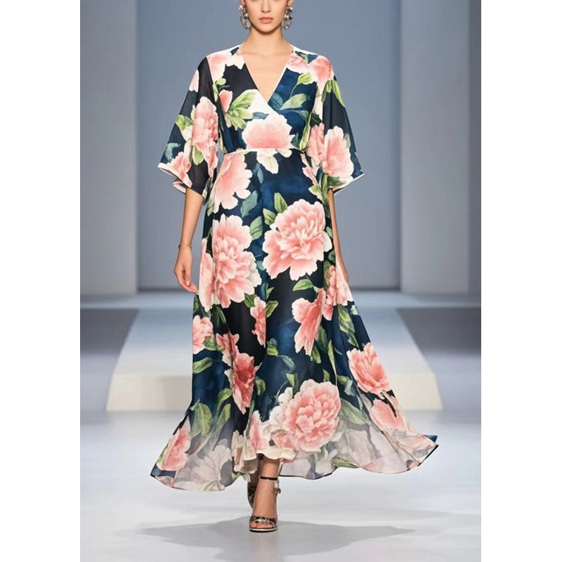 Fashion Navy V Neck Floral Chiffon Long Dress Summer