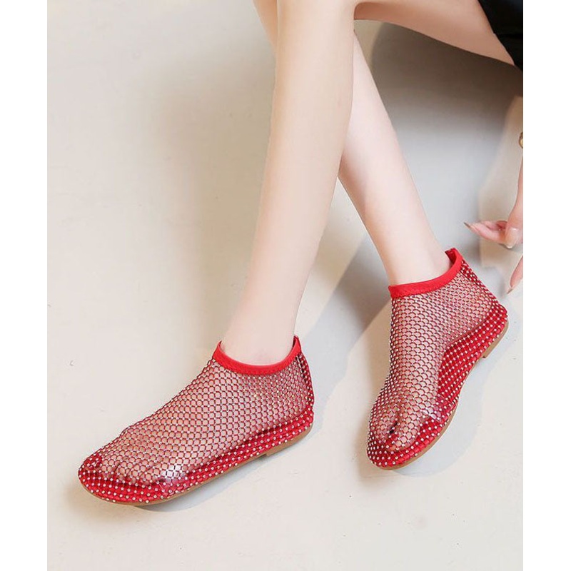 Fashion Red Breathable Mesh Sandals Boots Splicing Zircon