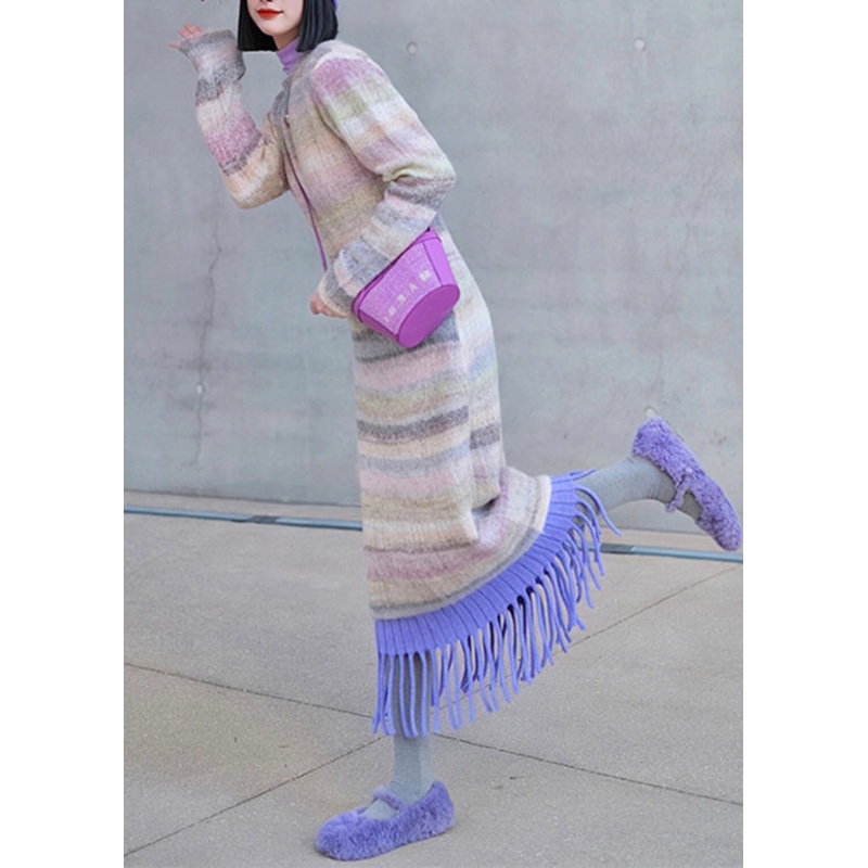 Fashion Striped O-Neck Tassel Patchwork Ma Hai Mao Knit Dress Winter