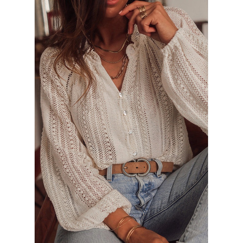 Fitted White V Neck Hollow Out Lace Top Lantern Sleeve