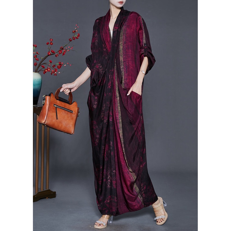 French Black Red Asymmetrical Print Silk Long Dresses Spring