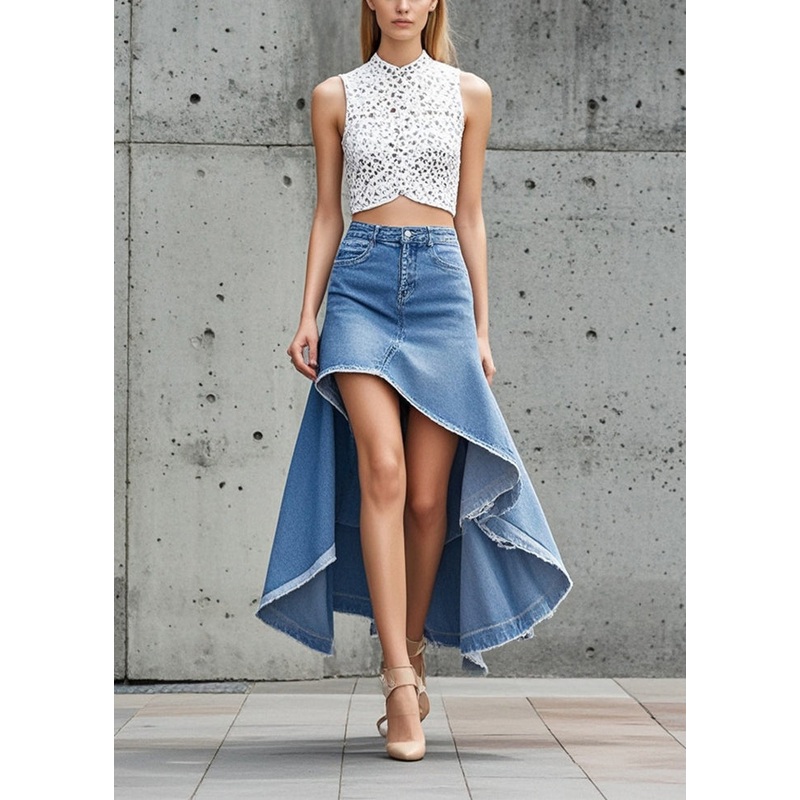 French Blue Asymmetrical Exra Large Hem Denim Skirt Spring