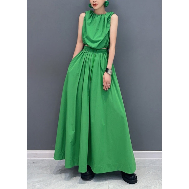 French Green Patchwork Pockets Top And Maxi Skirts Two Pieces Set Summer