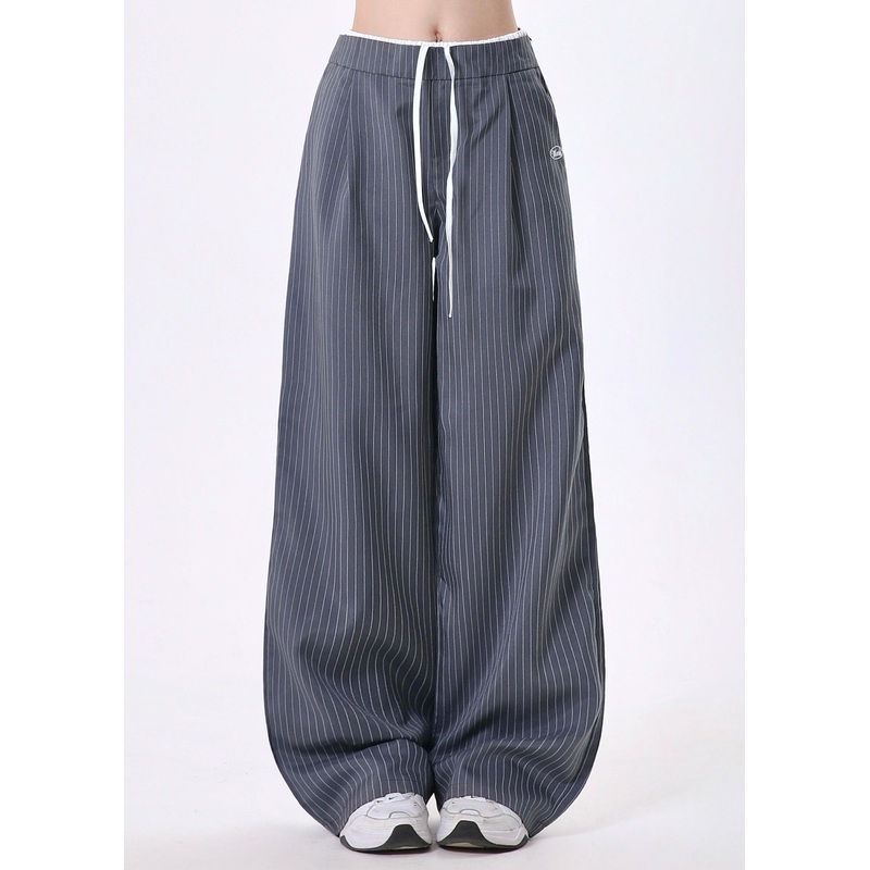 French Grey Oversized Striped Cotton Wide Leg Pants Spring