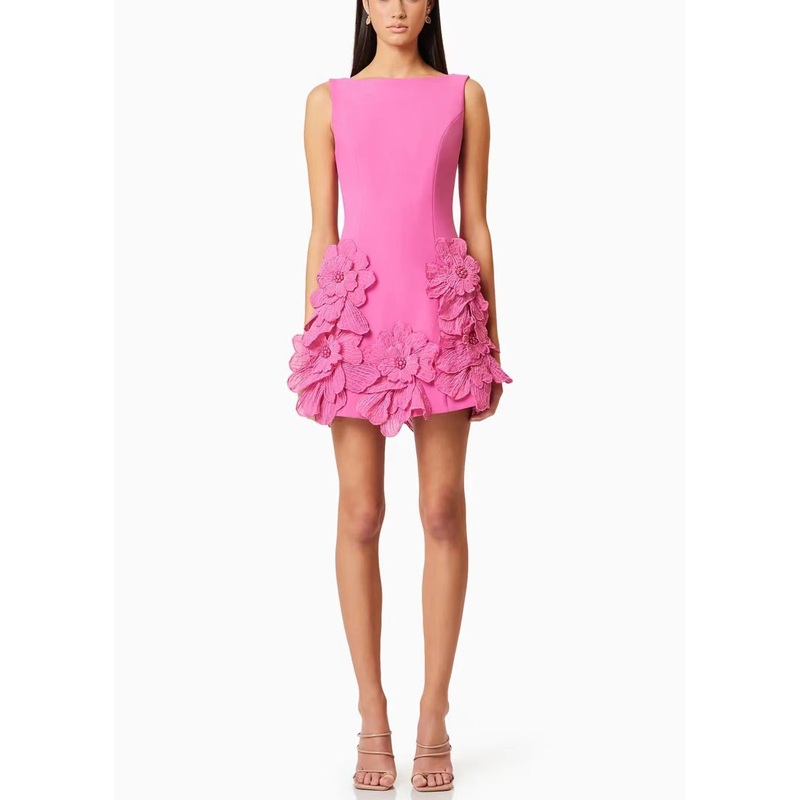 French Pink Floral Solid Cotton Mini Dresses Summer