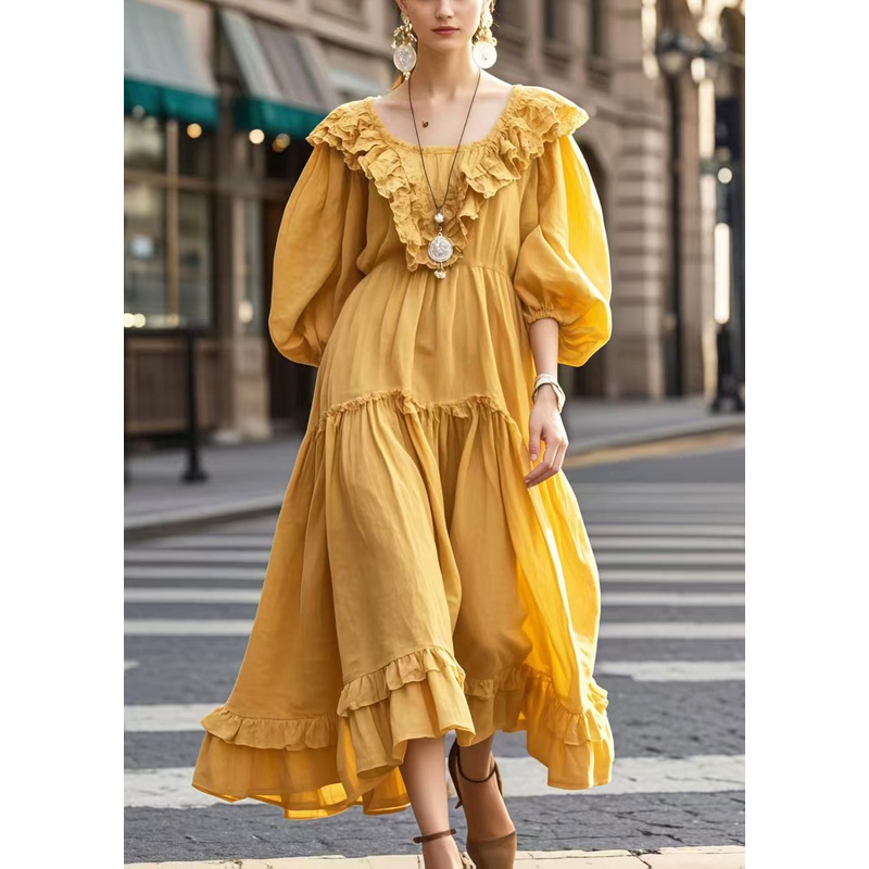 French Yellow Oversized Cotton Maxi Dresses Bracelet Sleeve