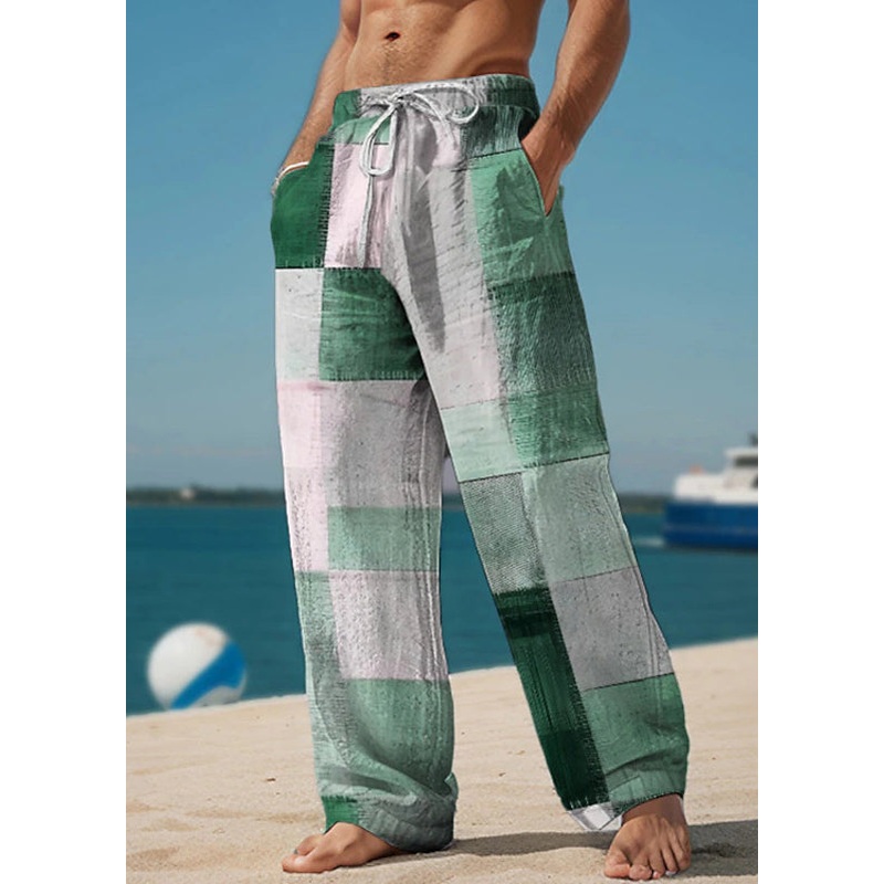 Green Plaid Pockets Cotton Summer Men Pants Elastic Waist