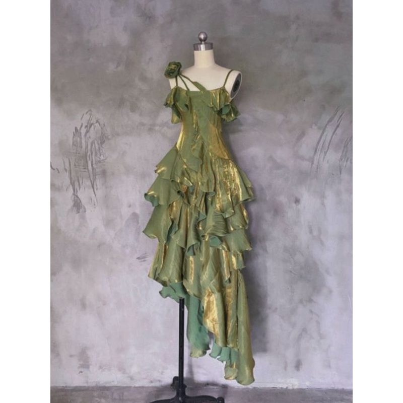 Green Spaghetti Strap Prom Dress Ruffle Evening Gown  J5972