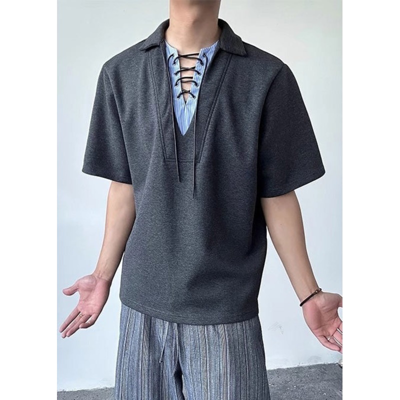 Grey Patchwork Cotton Fake Two Piece Shirt Tops Summer