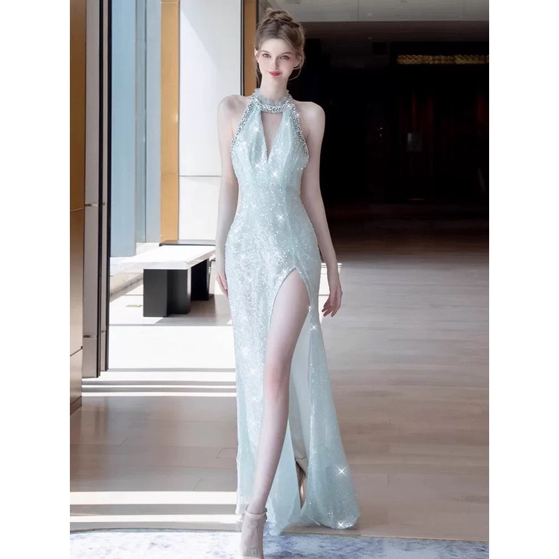 Halter Sequin Long Prom Dress Mermaid Formal Evening Party Dress J5090