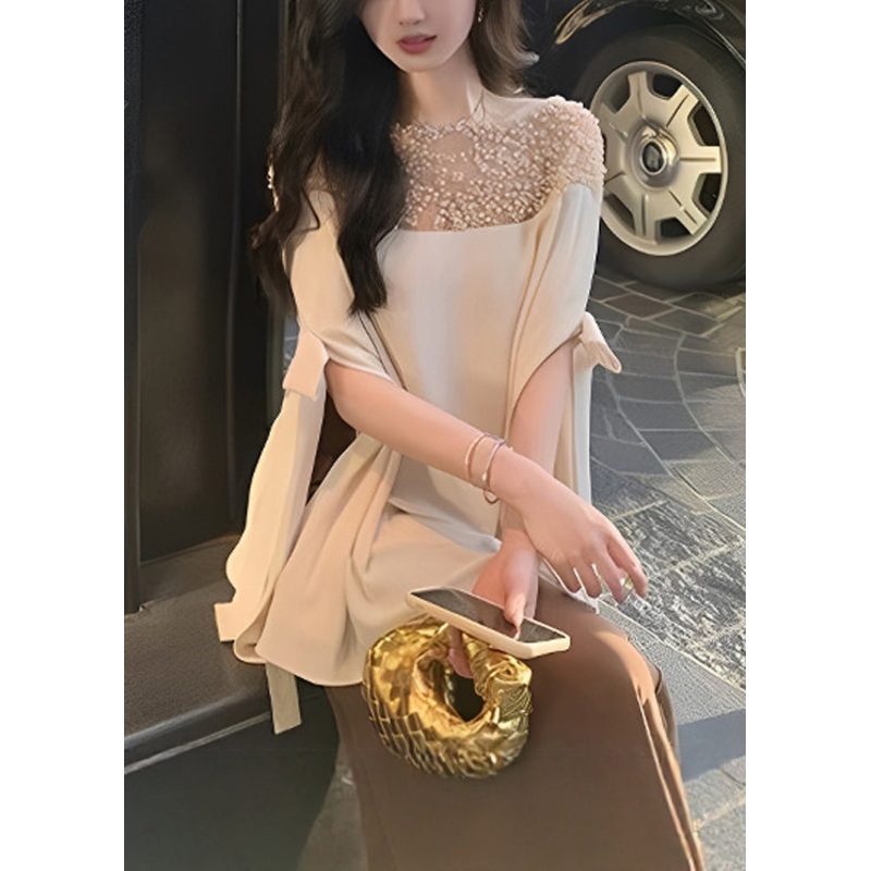 Handmade Apricot Pearl Bow Patchwork Chiffon Top Half Sleeved