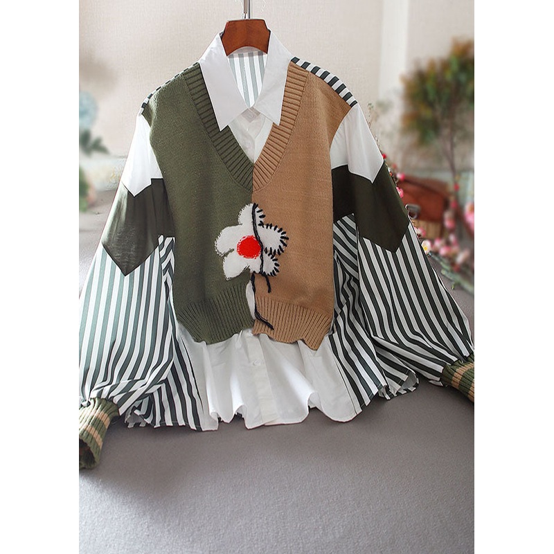 Handmade Green Embroidered Patchwork Knit Shirt Tops Spring