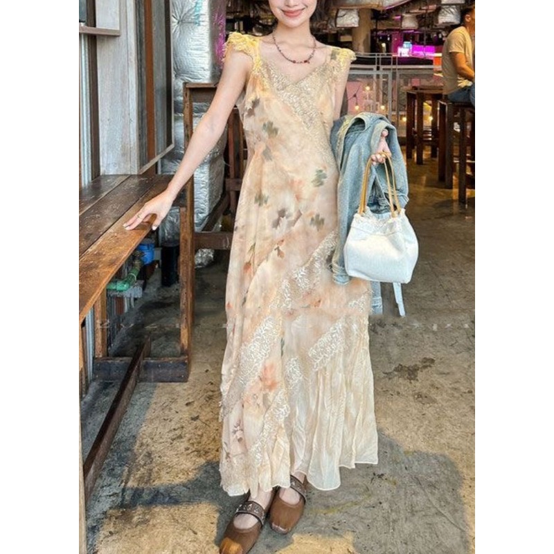 Holiday Style Orange Print V Neck Lace Patchwork Cotton Dresses Summer