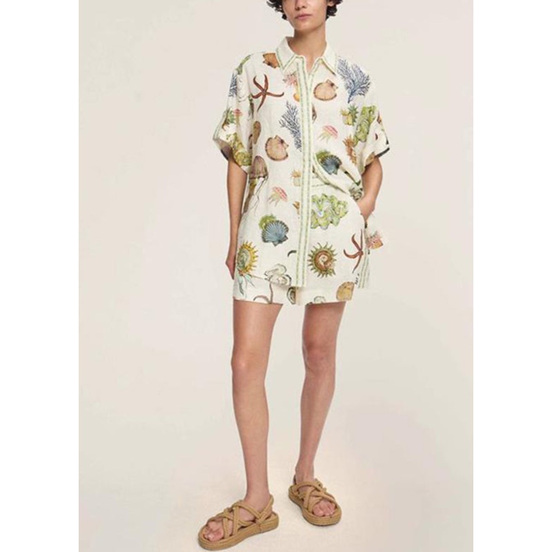 Italian Apricot Peter Pan Collar Shirts And Shorts Two Pieces Set Short Sleeve