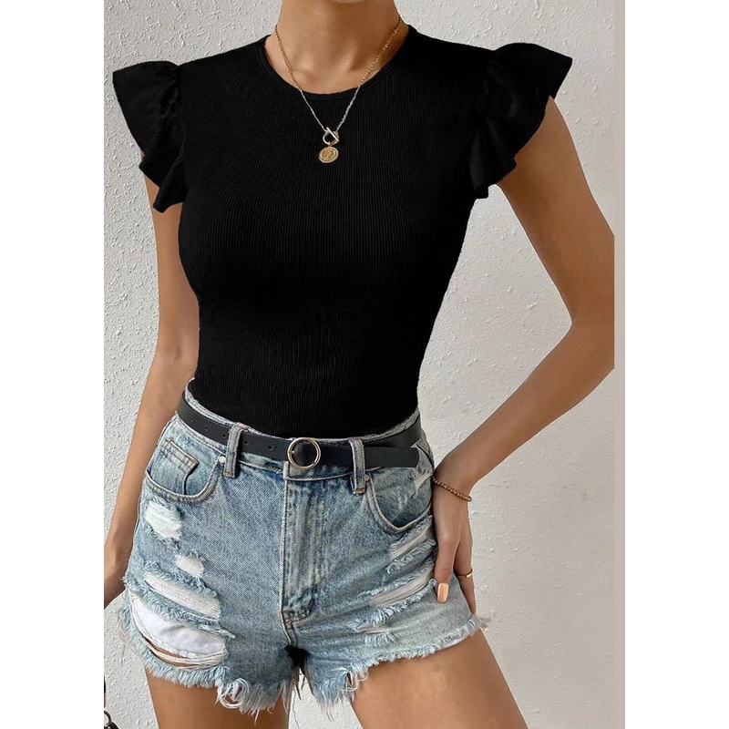 Italian Black Tummy Control Tops Butterfly Sleeve