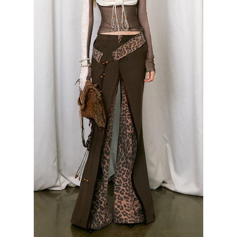 Italian Brown High Waist Leopard Print Patchwork Pants Fall