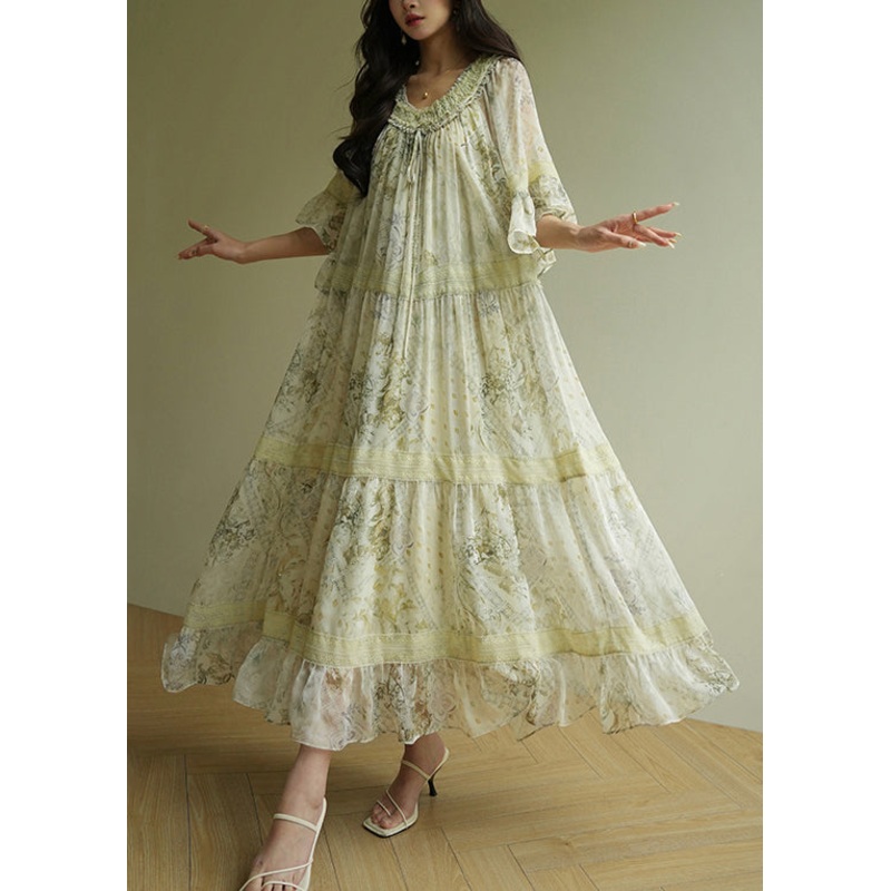 Italian Green Ruffled Print Patchwork Silk Maxi Dresses Half Sleeve