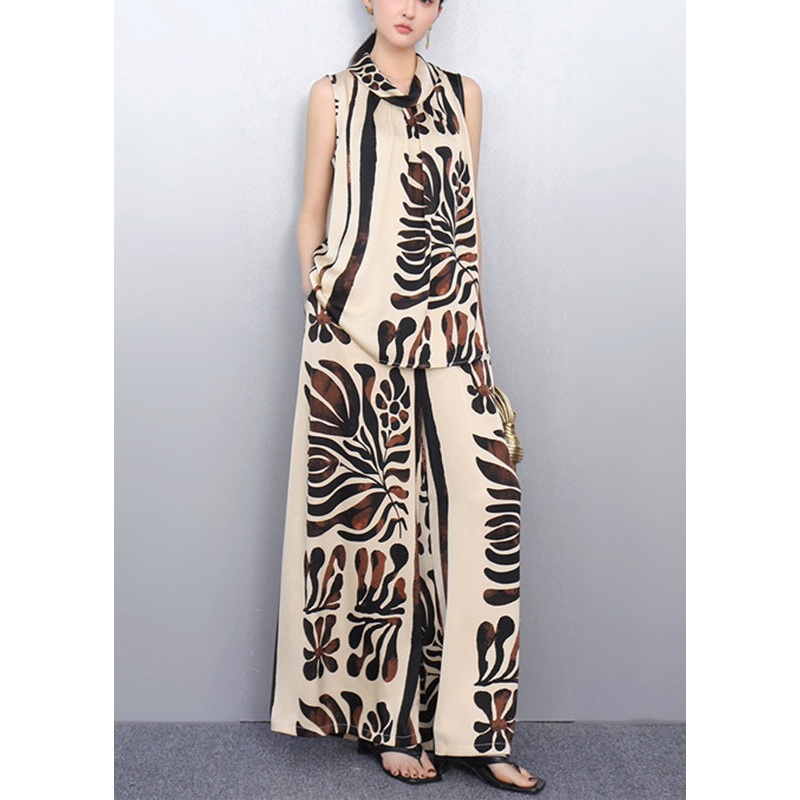 Khaki Turtleneck T Shirt And Wide Leg Pants Two Piece Set Sleeveless