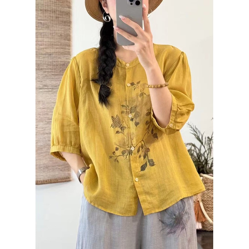 Loose Yellow Button Print Linen Shirts Half Sleeve