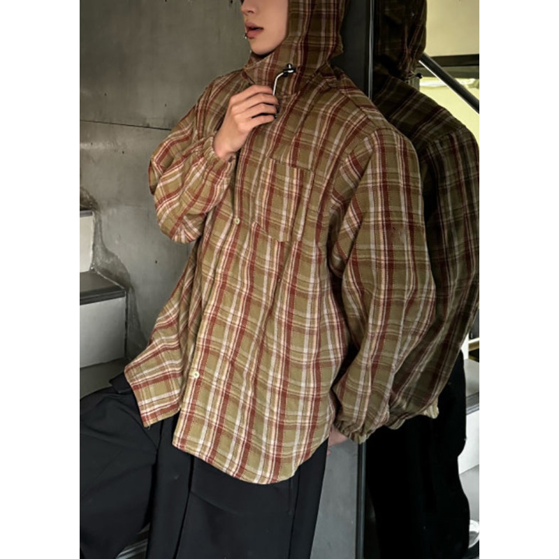 Loose Yellow Hooded Plaid Cotton Men Shirts Spring