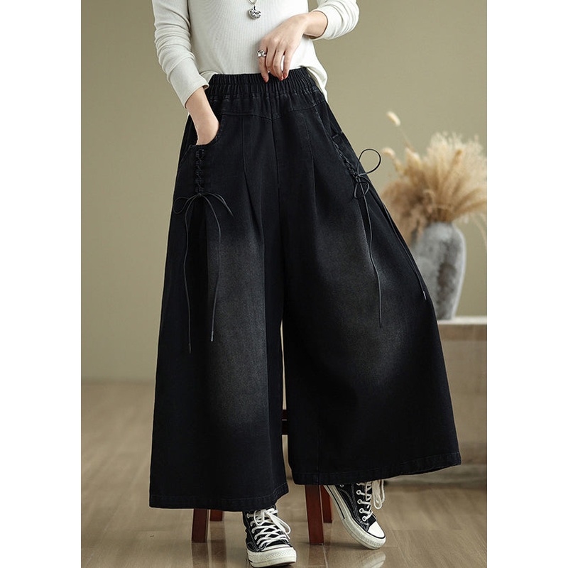 Modern Black Cross Strap Denim Wide Leg Pants Summer