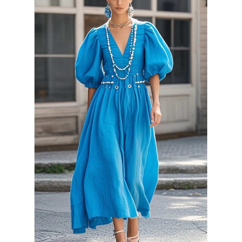 Modern Blue Puff Sleeve Nail Bead Cotton Dresses Summer