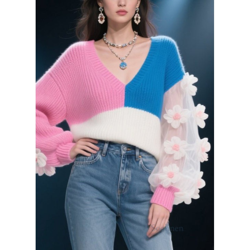 Modern Colorblock Asymmetrical Floral Patchwork Knit Sweater Fall