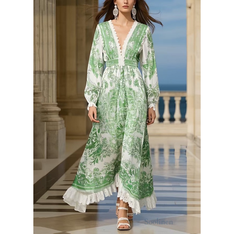 Modern Grass Green Print Patchwork Lace Long Dresses Spring