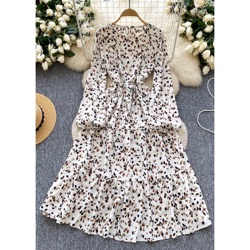 Natural White Print Chiffon Holiday Dress Lantern Sleeve