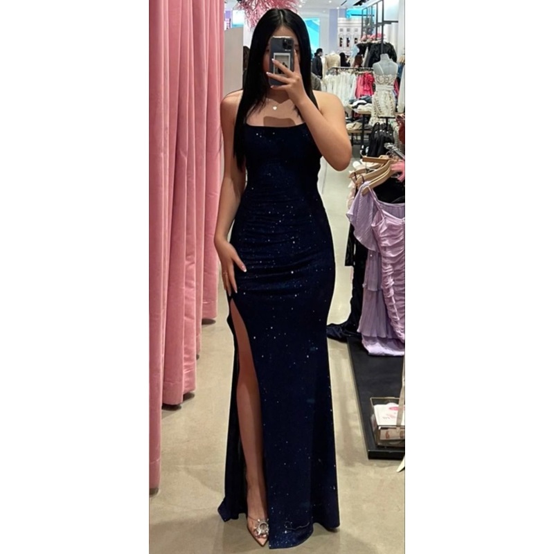 Navy Blue Sheath Long Prom Dress With Split J2632
