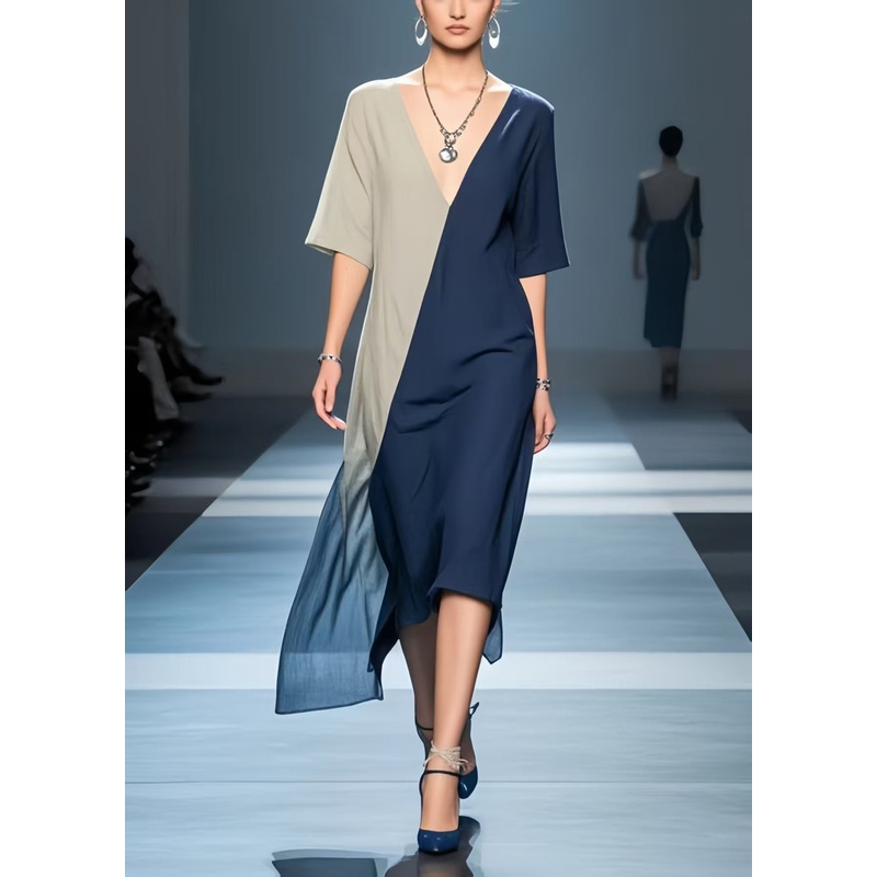 Navy Patchwork Cotton Robe Dresses Asymmetrical Summer