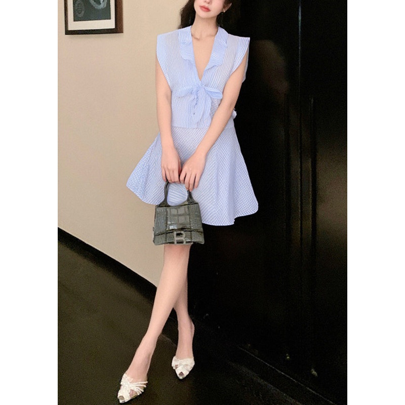 New Blue V Neck Lace Up Tops And Skirts Cotton Two Pieces Set Summer