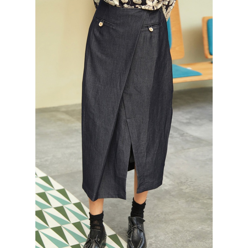 New Navy Asymmetrical Design Front Open Denim Skirts Fall