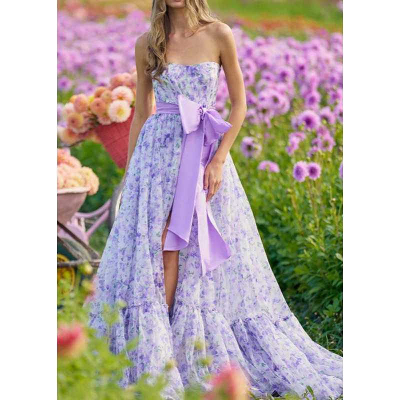Novelty Purple Print Bow Side Open Maxi Dress Sleeveless