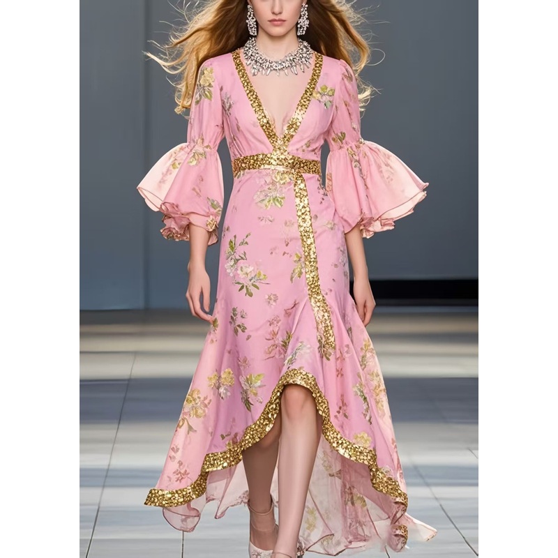 Pink Print Chiffon Maxi Dresses Asymmetrical Flare Sleeve