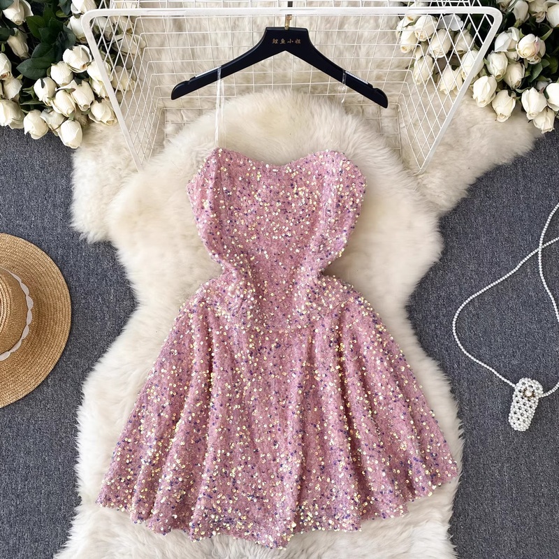 Pink Sequins Spaghetti Strap Short Dress Homecoming Dress 1860