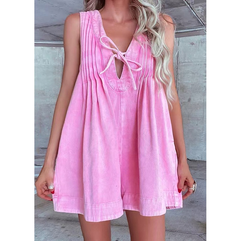 Pink Wrinkled Denim Shorts Jumpsuit Lace Up Summer