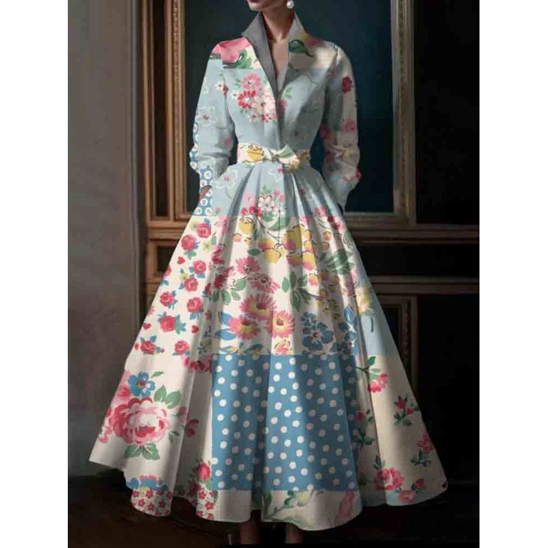 Plus Size Simple Blue Flowers Stand Collar Midi Shirt Dress