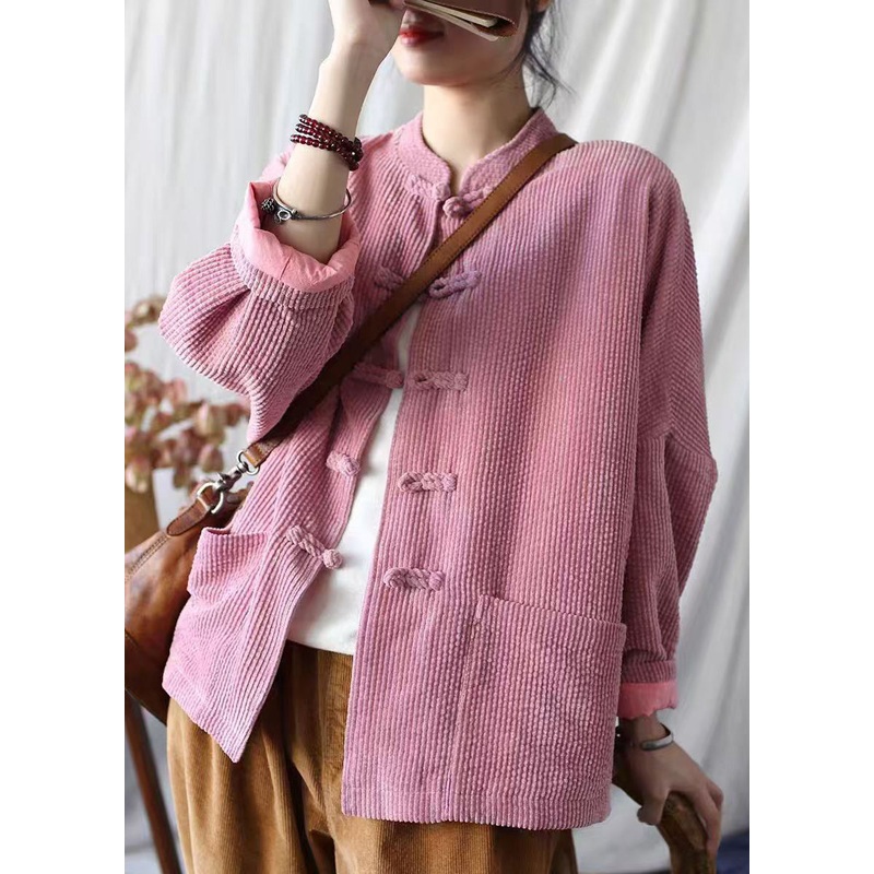 Plus Size Vintage Pink Stand Collar Pockets Corduroy Jackets Spring