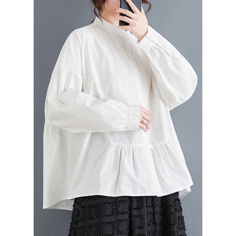 Plus Size White Stand Collar Patchwork Cotton Shirts Spring