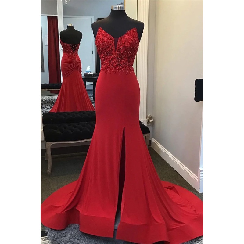 Red Mermaid Llong Prom Dress Appliques Slit Evening Dress 2401