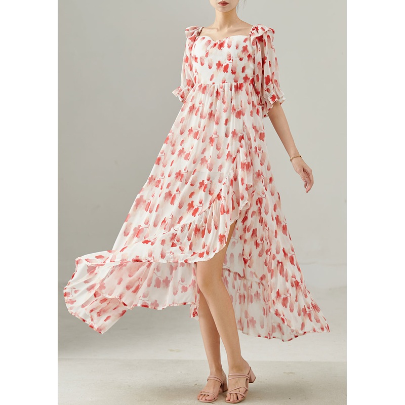 Red Print Chiffon Long Dresses Square Collar Summer