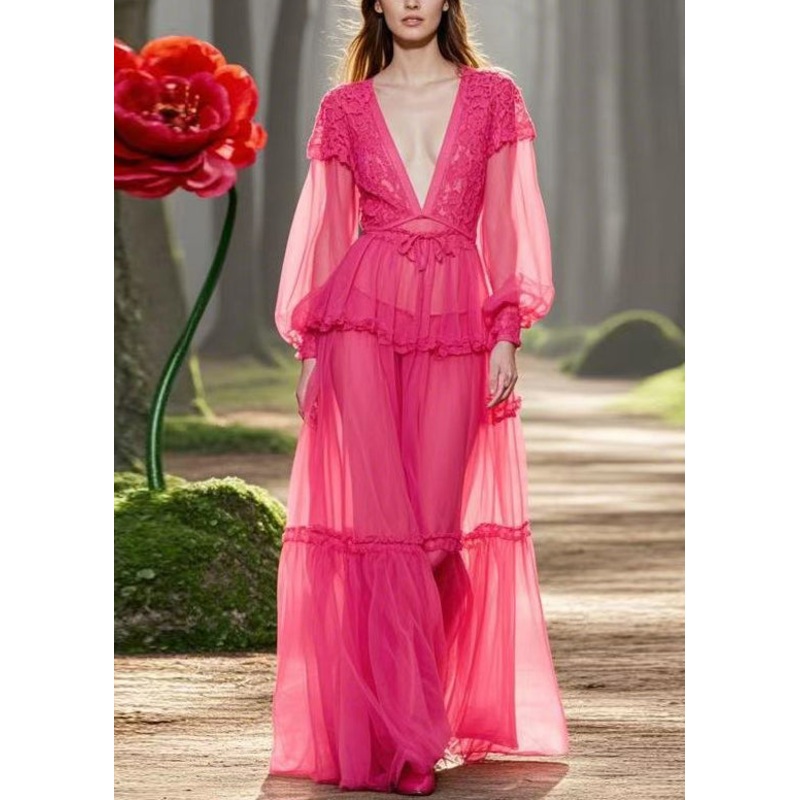 Sexy Rose V Neck Ruffled Lace Up Chiffon Long Dresses Spring
