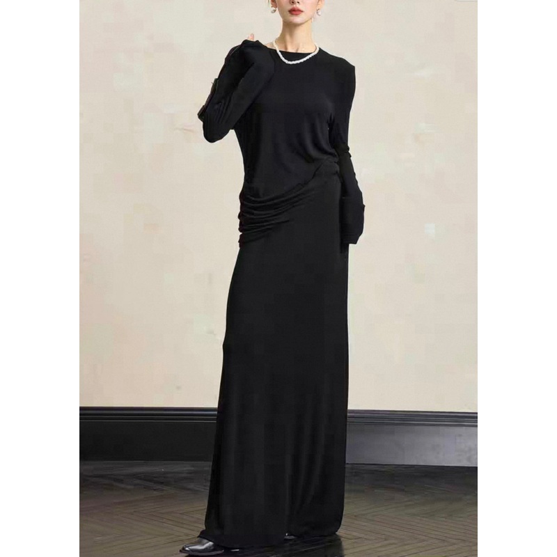 Simple Black O Neck Tops And Skirts Solid Cotton Two Pieces Set Fall