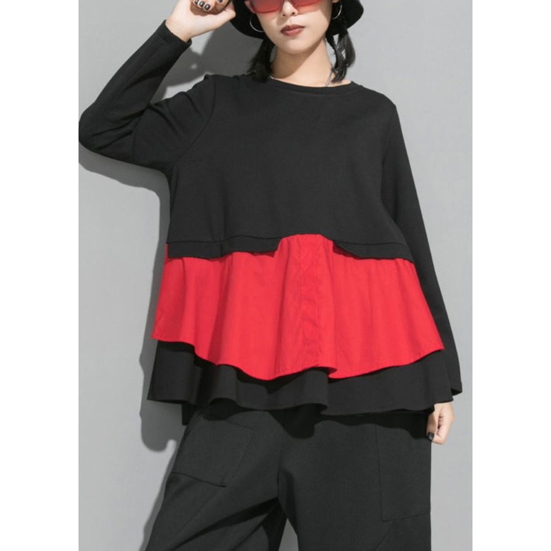 Simple Mulberry O-Neck Ruffled Patchwork Top Spring