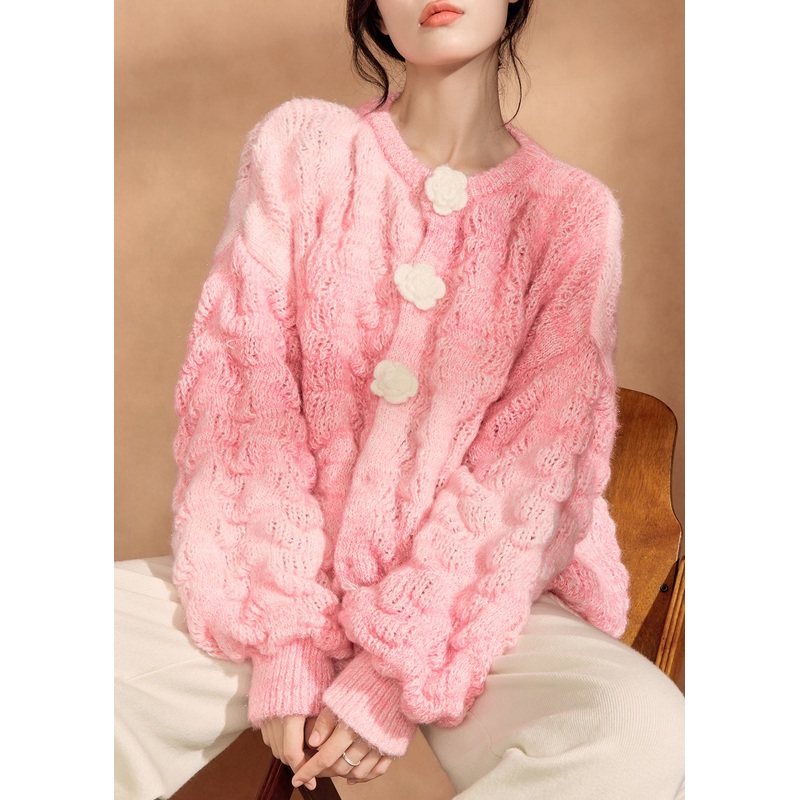 Simple Pink O Neck Floral Button Knit Cardigan Spring
