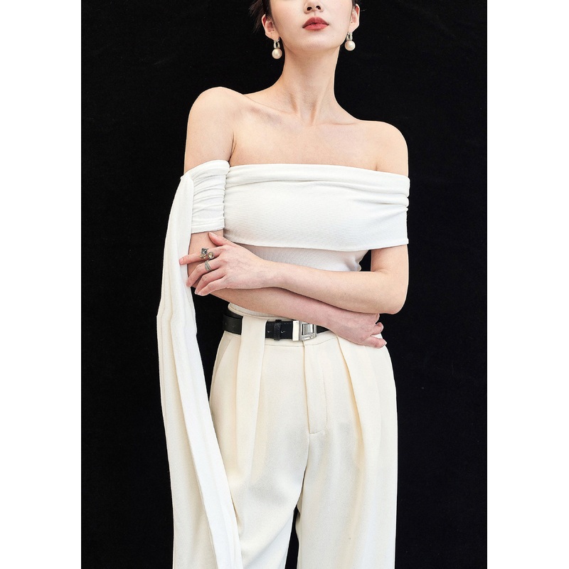 Slim Fit White Slash Neck Solid Cotton Tops Sleeveless