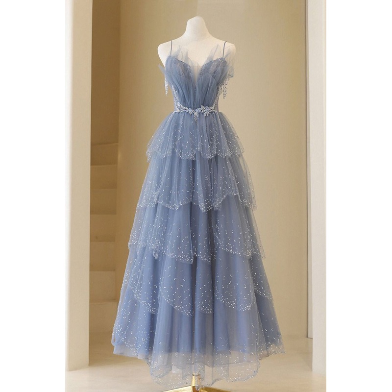 Spaghetti Straps A Line Layered Blue Long Prom Dress Tulle Shiny Beaded Birthday Party Gown J2564