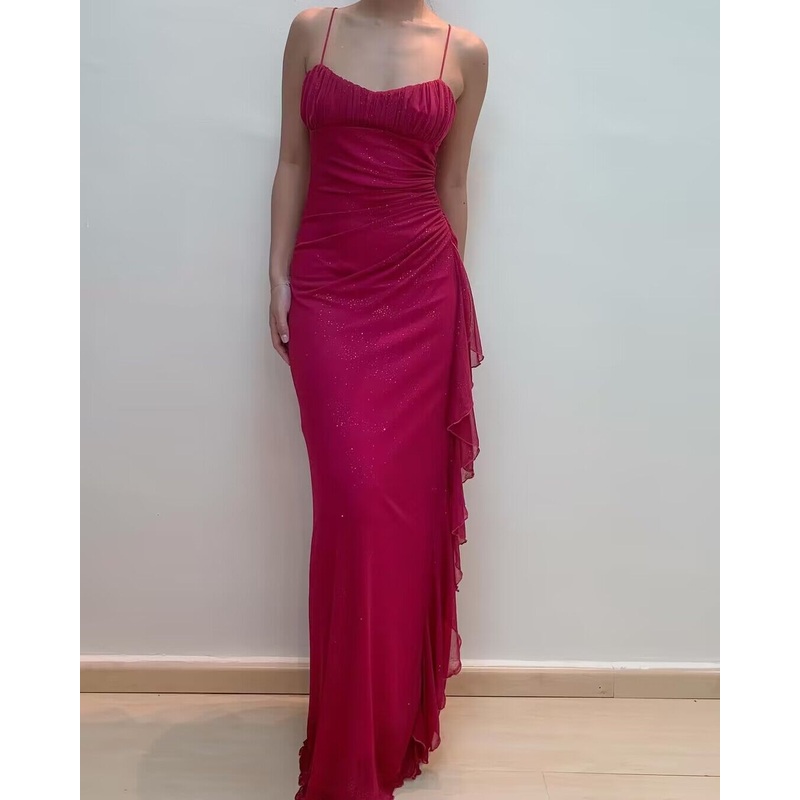 Spaghetti Straps Rose Red Sheath Ruffled Long Prom Dresses J2740