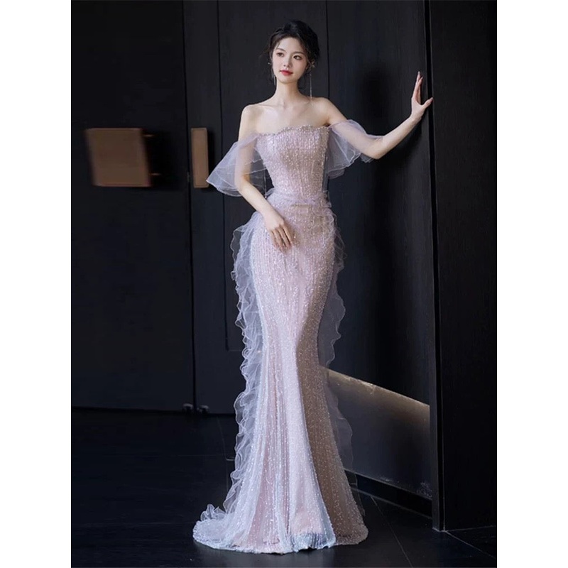 Strapless Mermaid Long Prom Dress Sequin Formal Ruffle Party Dress J5091